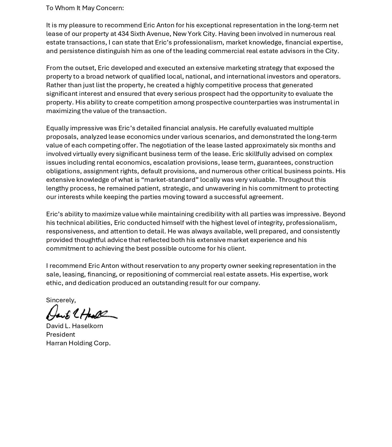 David L. Haselkorn referral letter